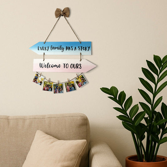 Welcome Hand-Painted Wooden Photo Holder - Blue & Pink