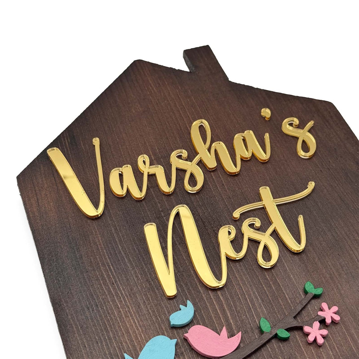 Birds Themed Hut-Shaped Hand-Painted Wooden Name Plate For Home - Wooden Finish