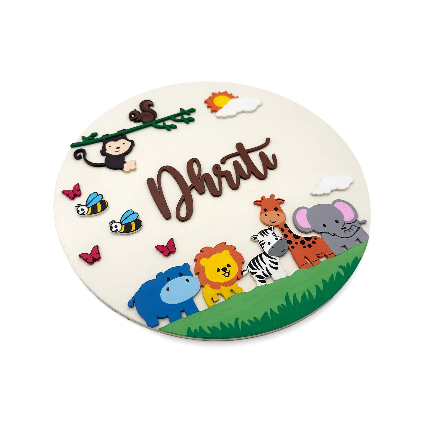 Animal Themed Hand-Painted Wooden Round Kids Name Plate - Design 4