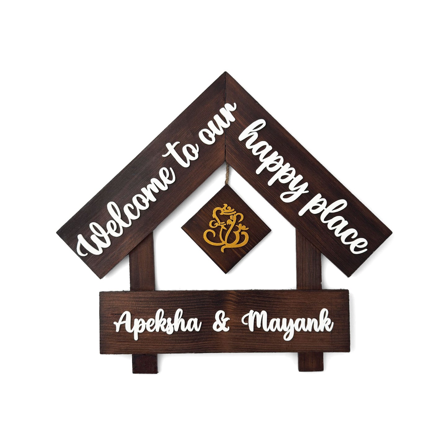 House With Roof And Single PlankHand-Painted Wooden Hut-Shaped Name Plate For Home - Wooden Finish