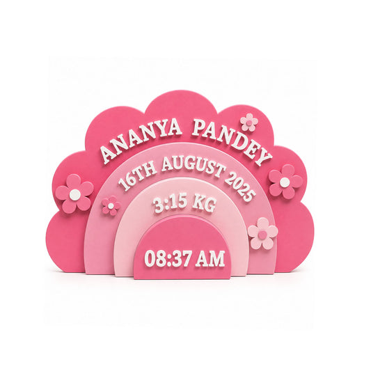 Flower Themed Hand-Painted Wooden Personalised Baby Birth Details Name Plate