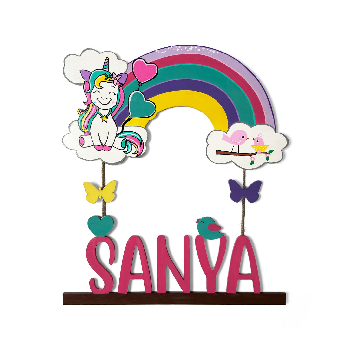 Unicorn Themed Hand-Painted Wooden Kids Name Plate - Design 1