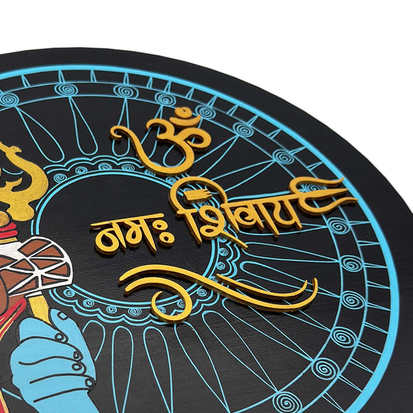Om Namah Shivaya Hand-Painted Wooden Round Wall Hanging With Shiva Trishul - Blue