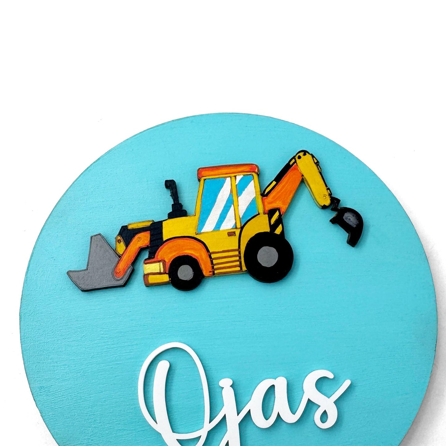 Backhoe Loader Excavator Themed Hand-Painted Wooden Name Plate For Kids