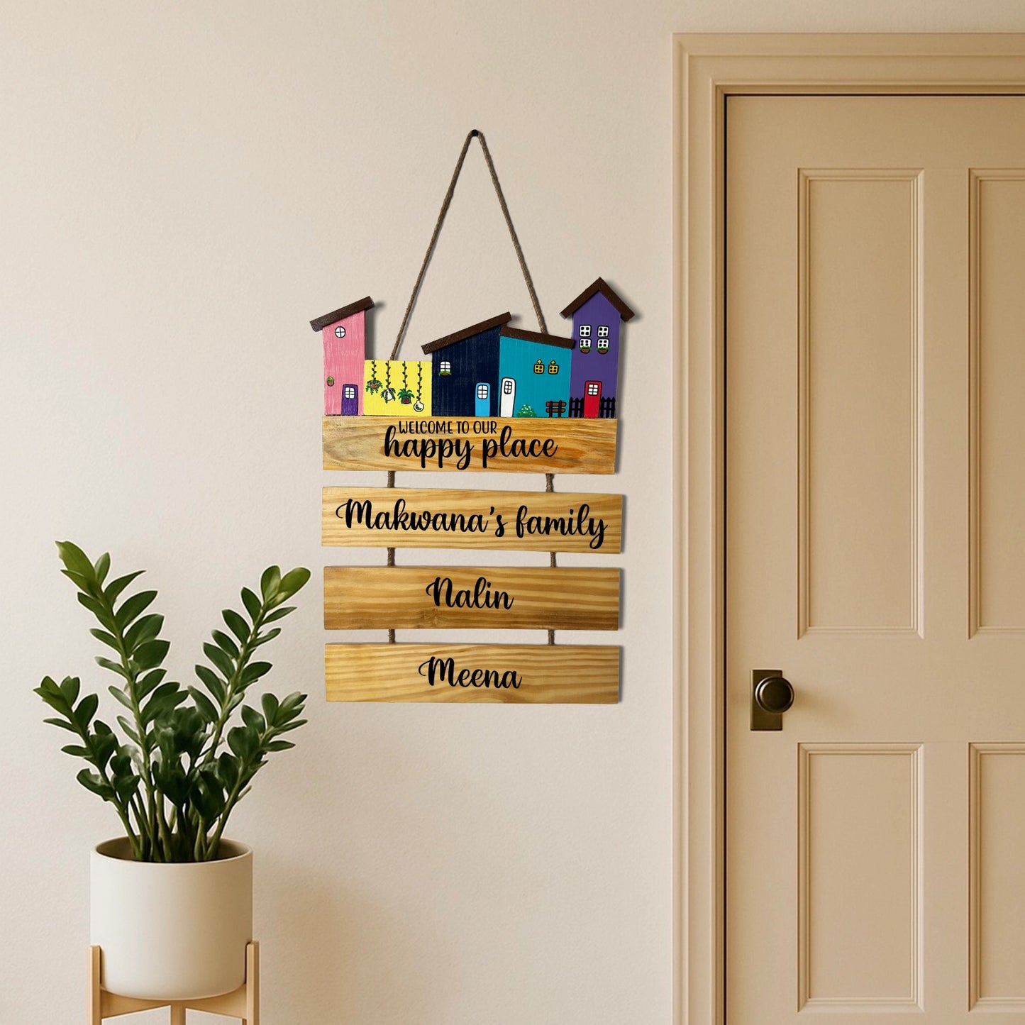 Hut-Shaped Hand-Painted Wooden Name Plate For Home - Hut Board & Three Planks Design 5