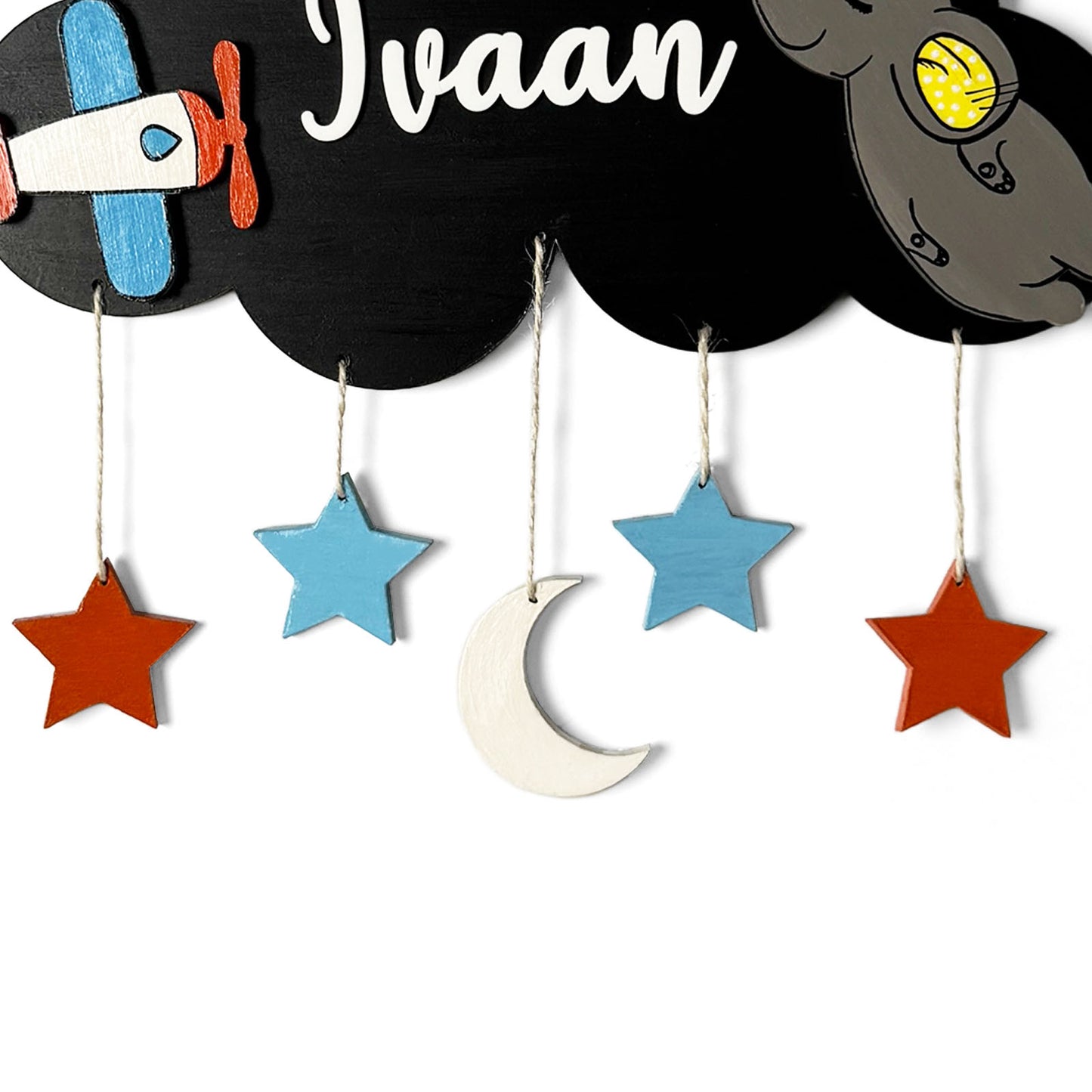 Cloud & Elephant Themed Hand-Painted Wooden Kids Name Plate