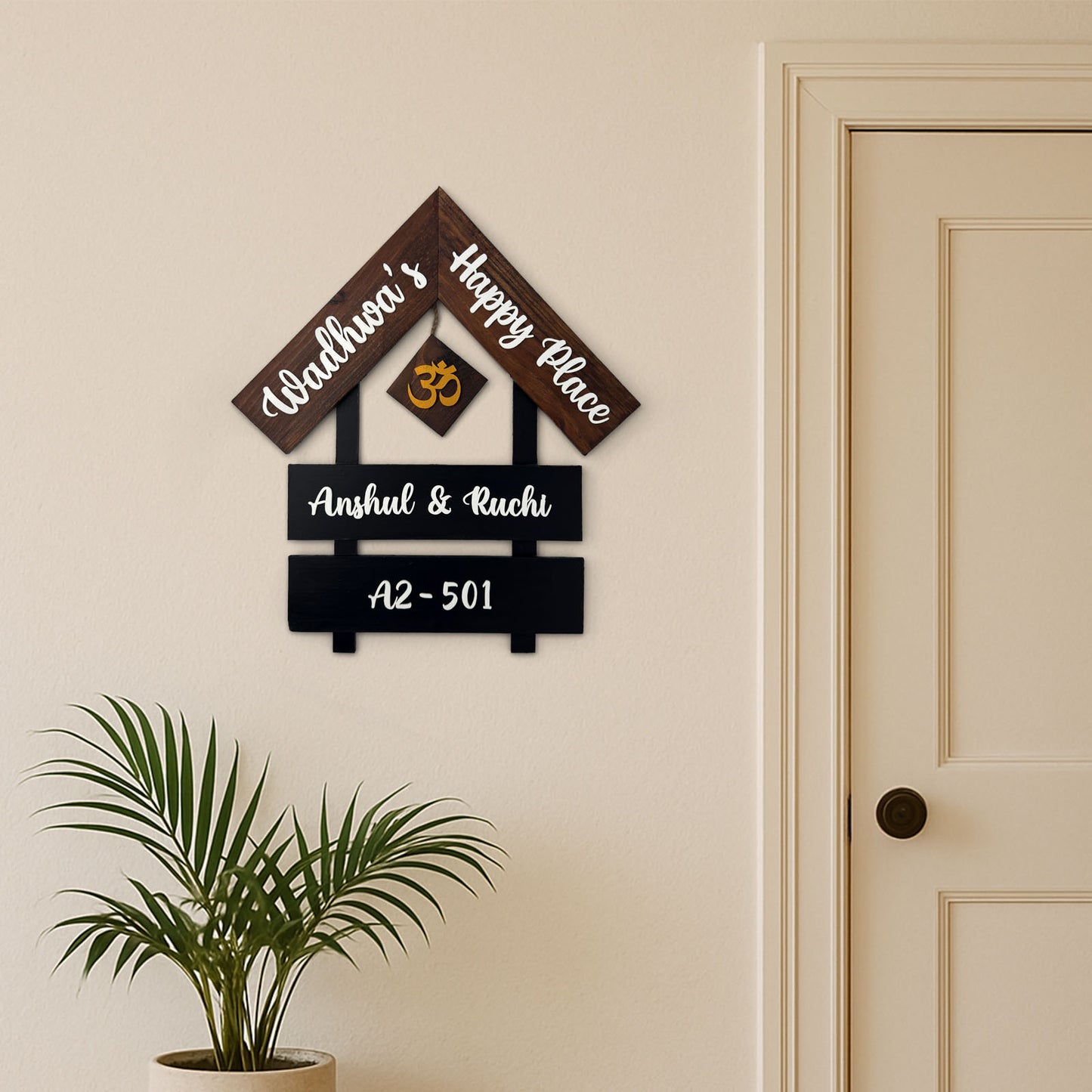 House With Roof And Double Plank Hand-Painted Wooden Hut-Shaped Name Plate For Home - Black & Wooden Finish