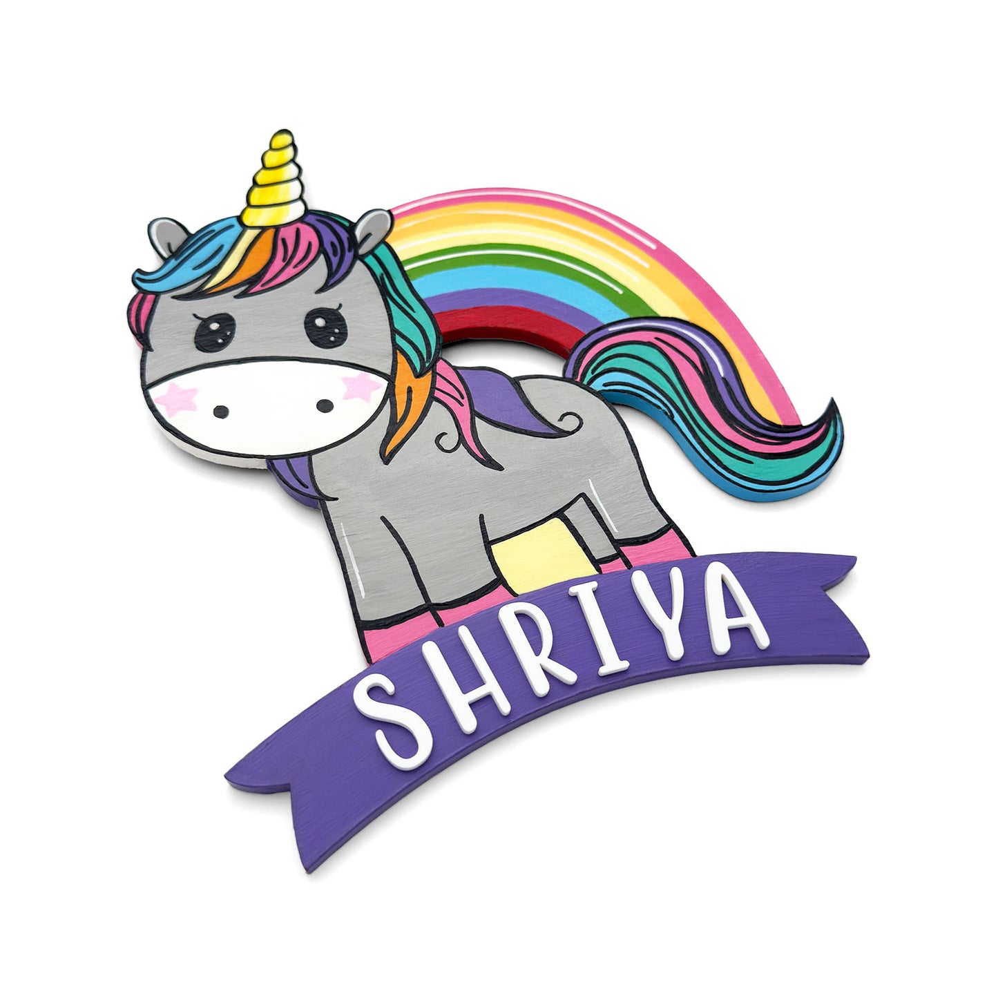 Unicorn Themed Hand-Painted Wooden Kids Name Plate -  Purple