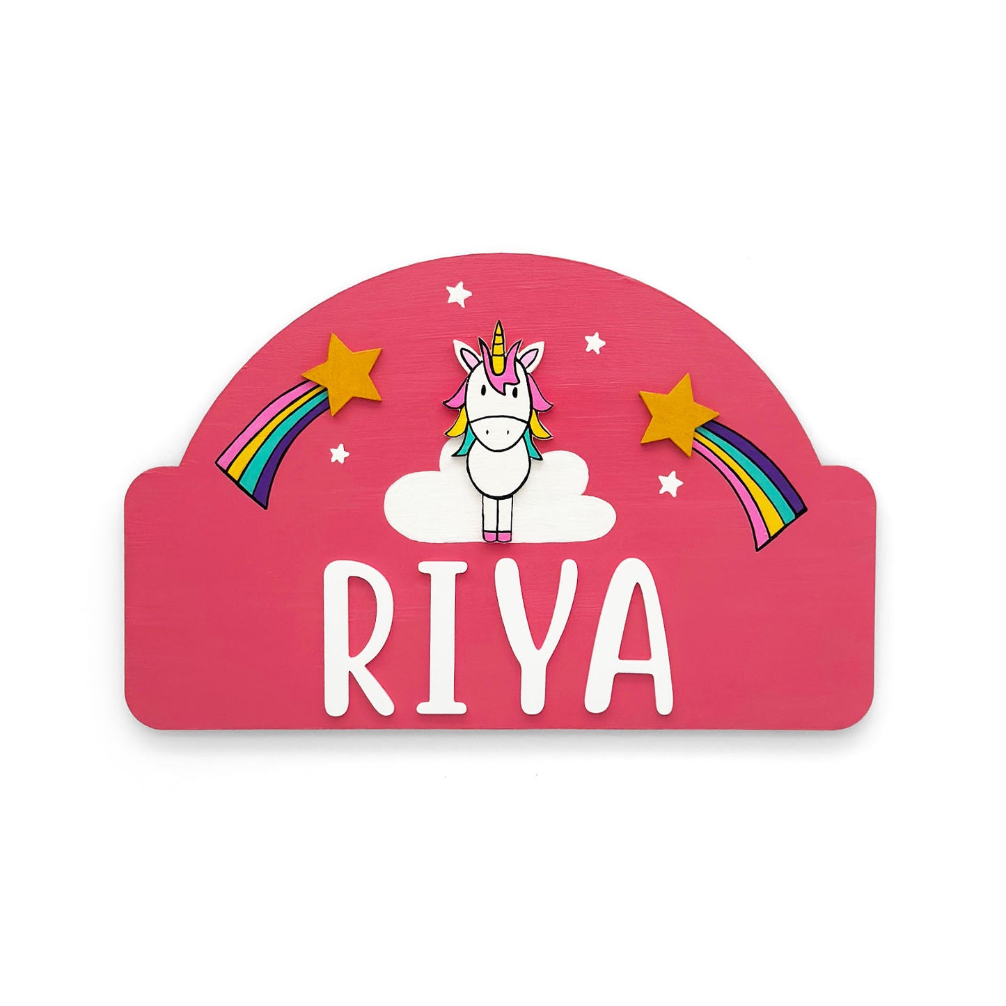 Unicorn Themed Hand-Painted Wooden Kids Name Plate -  Pink