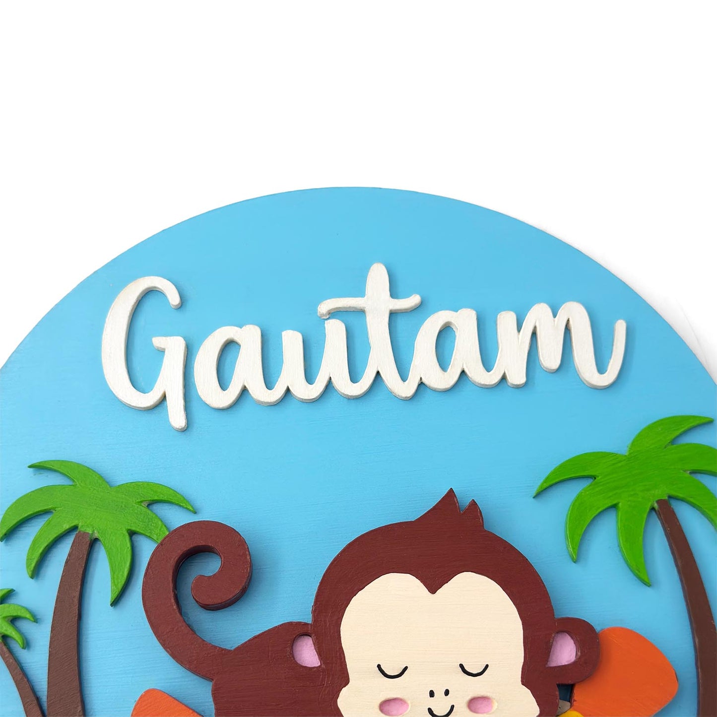 Monkey Themed Hand-Painted Wooden Round Kids Name Plate - Design 1