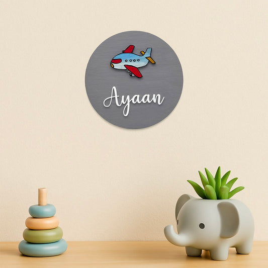 Aeroplane Themed Hand-Painted Wooden Mini Kids Name Plate