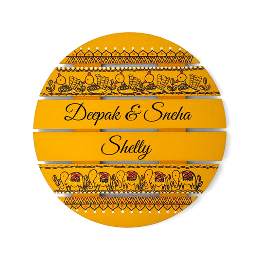 Peacock & Elephant Artwork Hand-Painted Wooden Madhubani Round Name Plate For Home