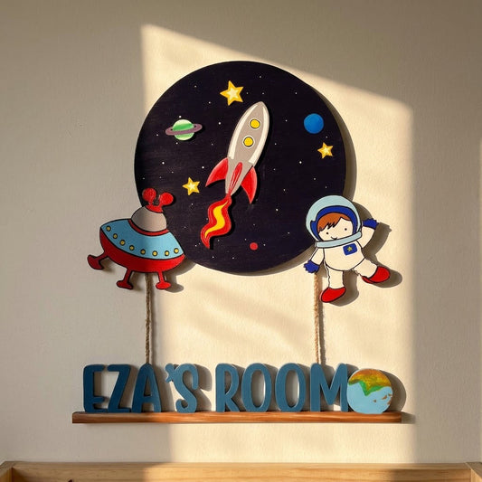 Space Themed Hand-Painted Wooden Kids Name Plate - Design 1