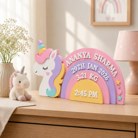 Unicorn Themed Hand-Painted Wooden Personalised Baby Birth Details Name Plate