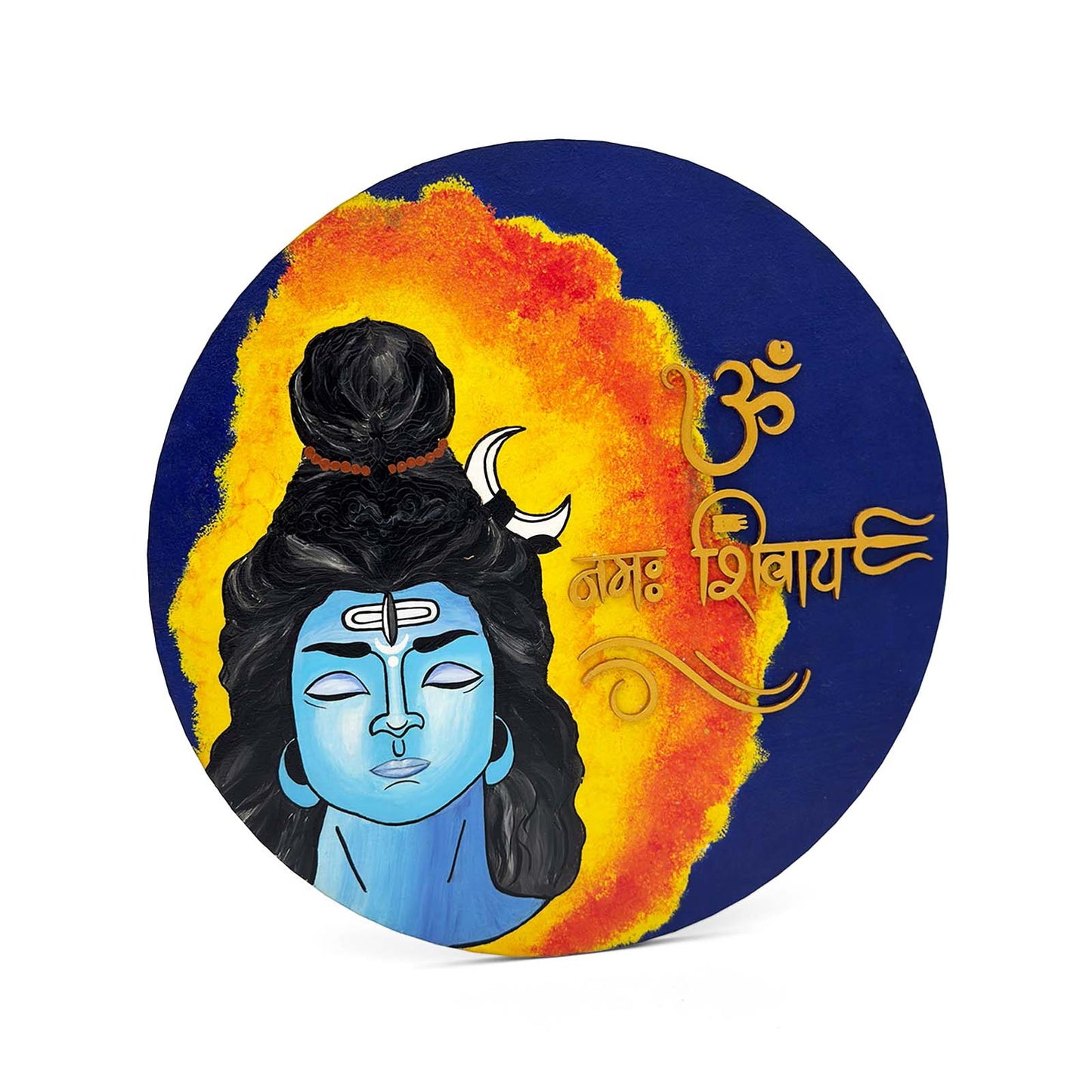 Om Namah Shivaya Hand-Painted Wooden Round Wall Hanging With Shiv Ji Image - Blue