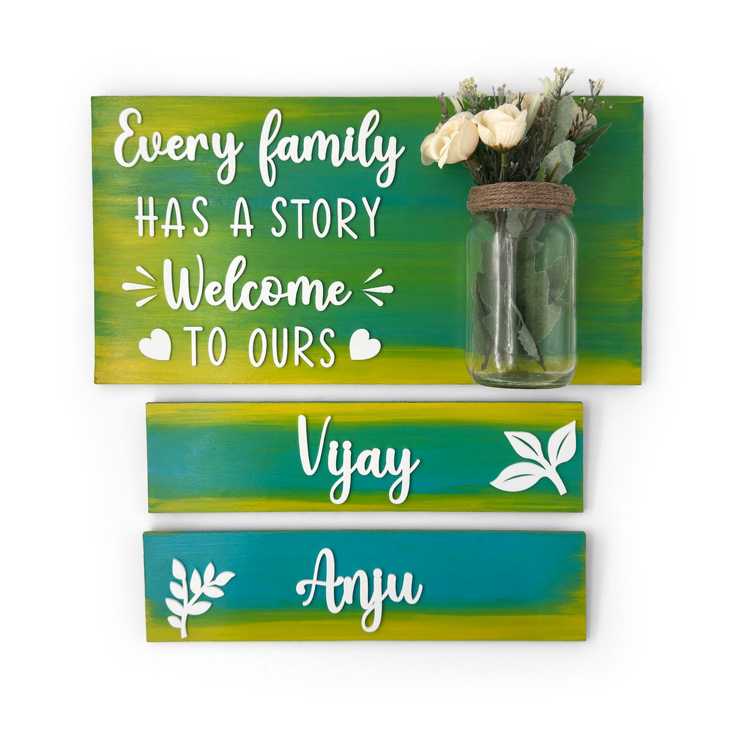 Every Family Has A Story Welcome To Ours Hand-Painted Wooden Name Plate With Jar For Home - Jar Board & Two Planks
