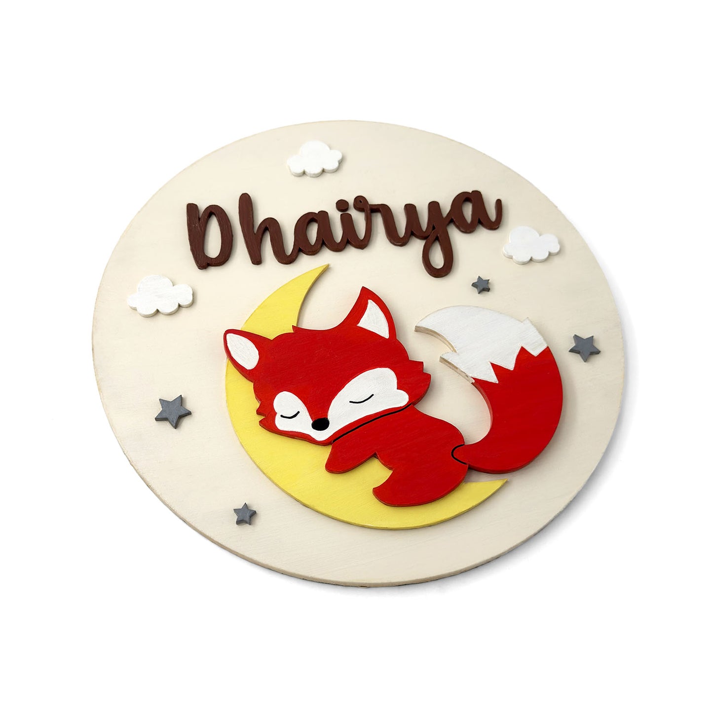 Fox Themed Hand-Painted Wooden Round Kids Name Plate - Design 1
