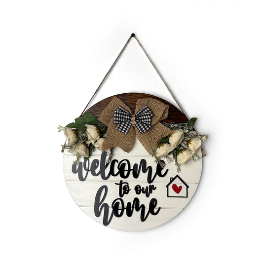Welcome To Our Home Hand-Painted Wooden Door Hanger - White