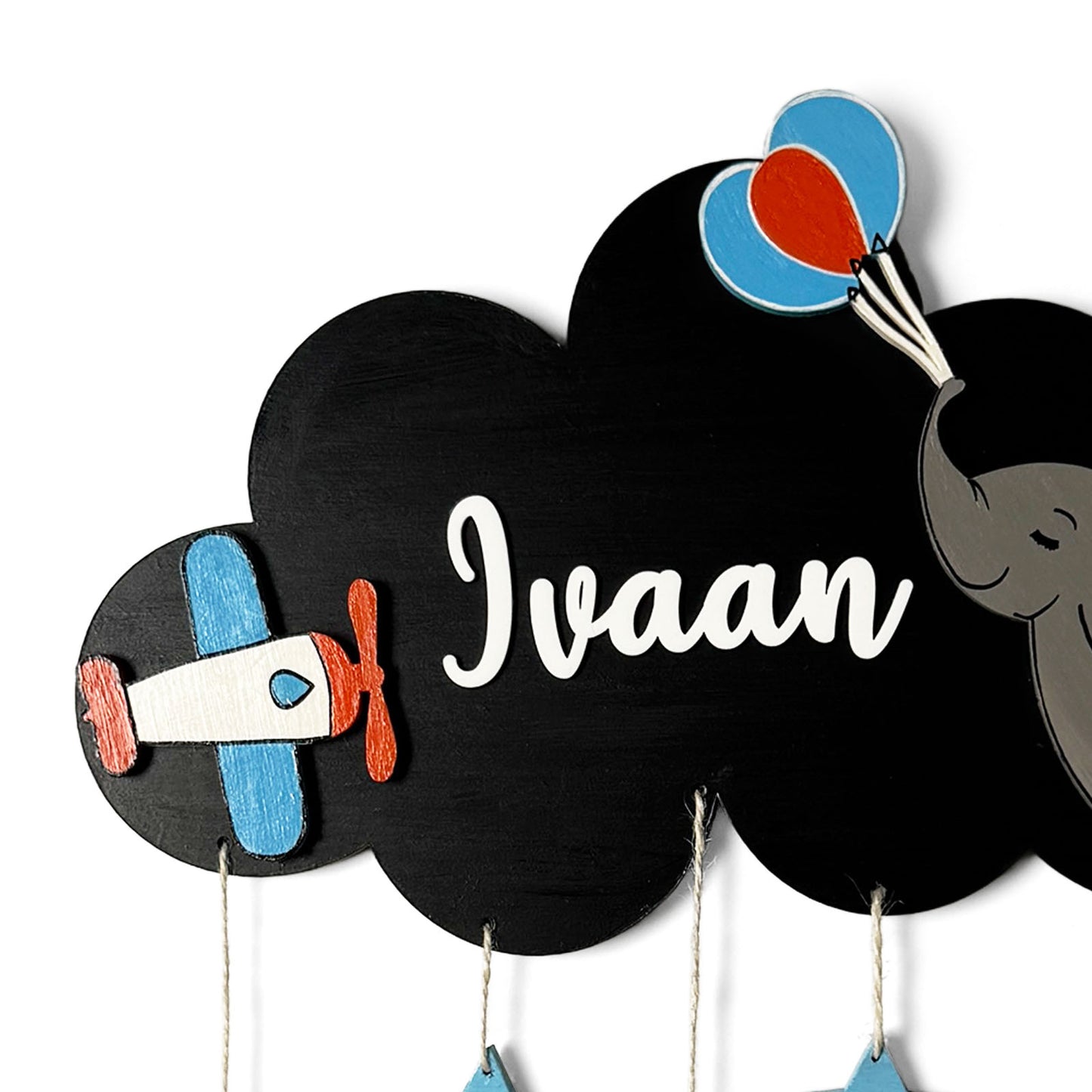 Cloud & Elephant Themed Hand-Painted Wooden Kids Name Plate