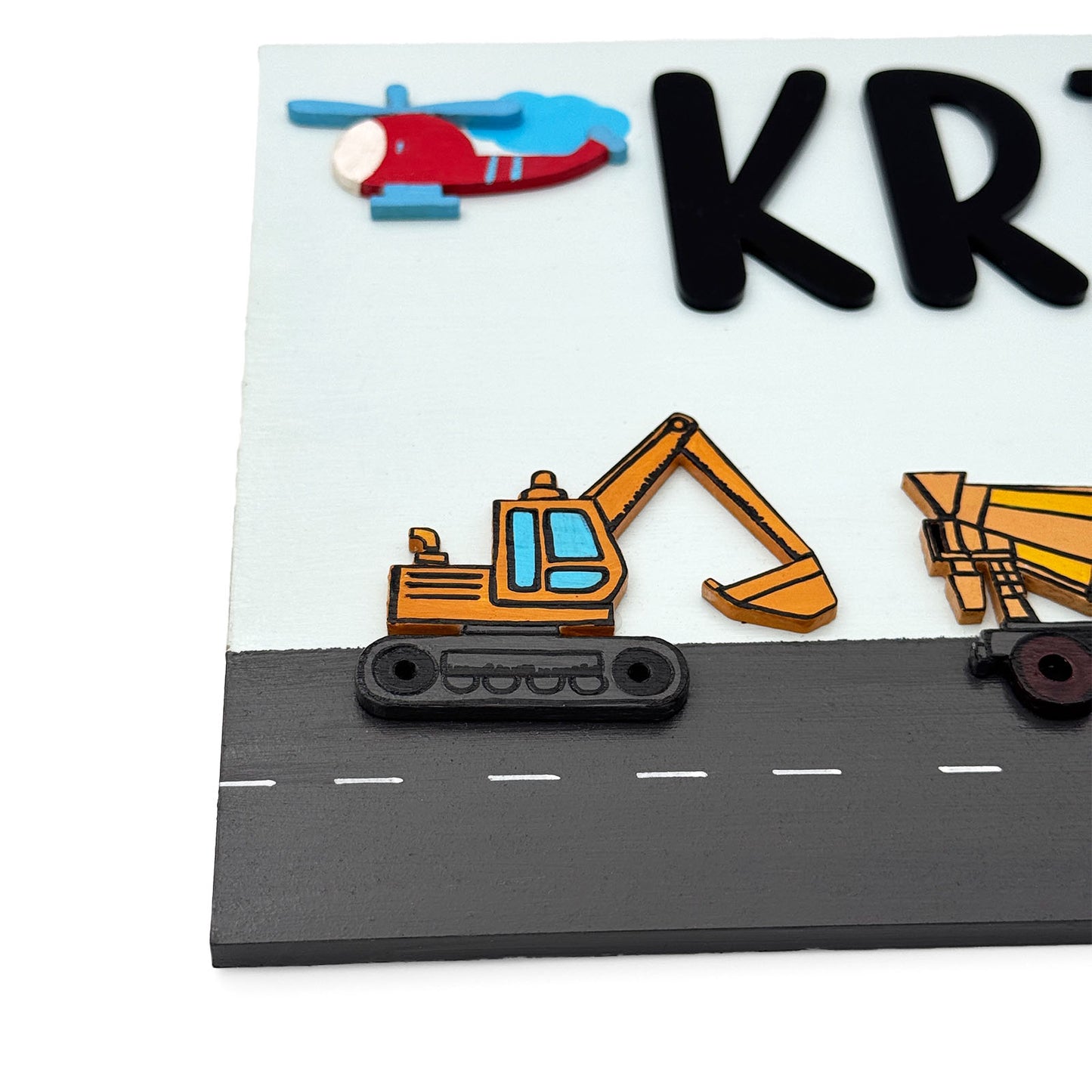 Construction Vehicles Themed Hand-Painted Wooden Kids Name Plate - Light Blue