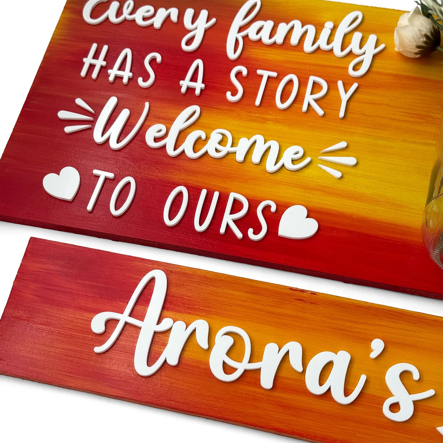 Every Family Has A Story Welcome To Ours Hand-Painted Wooden Name Plate With Jar For Home - Jar Board & One Plank