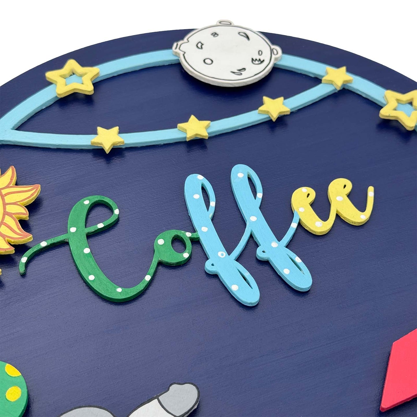 Space Themed Hand-Painted Wooden Round Kids Name Plate - Design 2