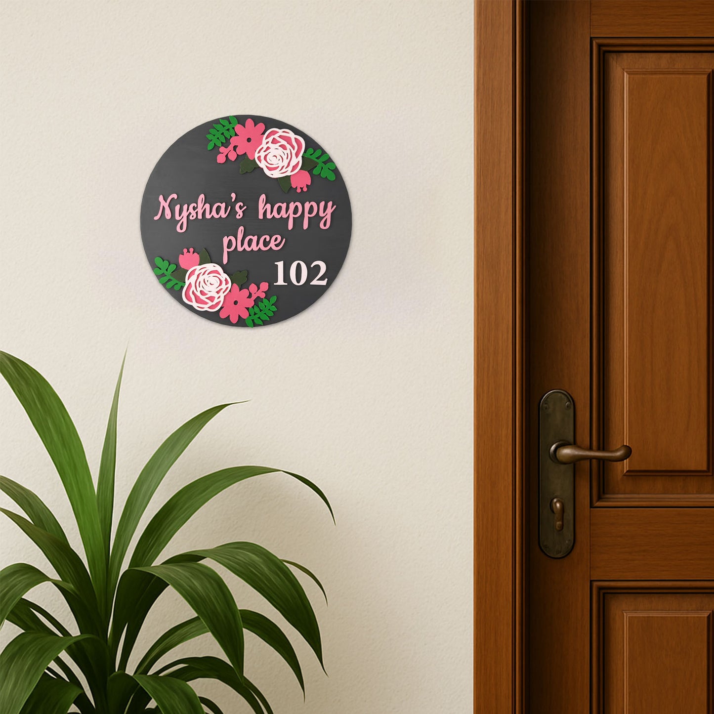 Rose Artwork Hand-Painted Wooden Floral Round Name Plate For Home