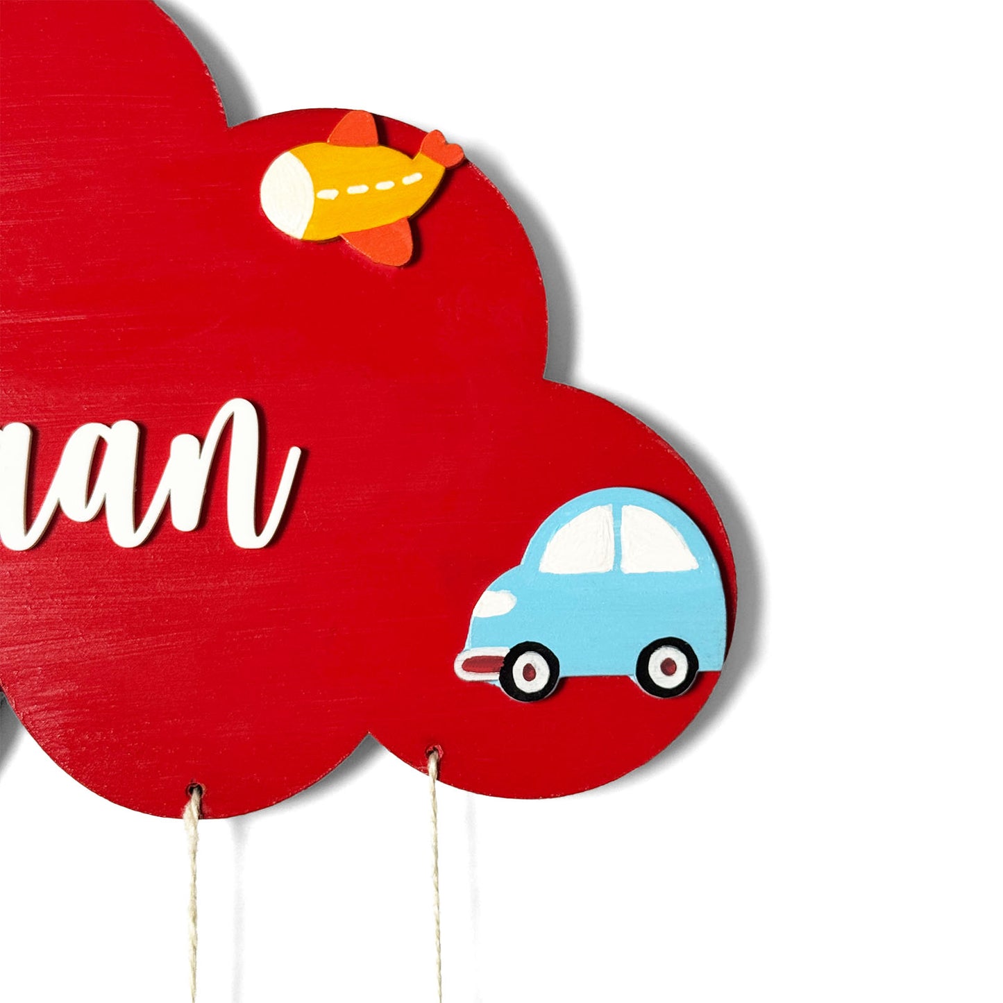 Cloud & Vehicles Themed Hand-Painted Wooden Kids Name Plate