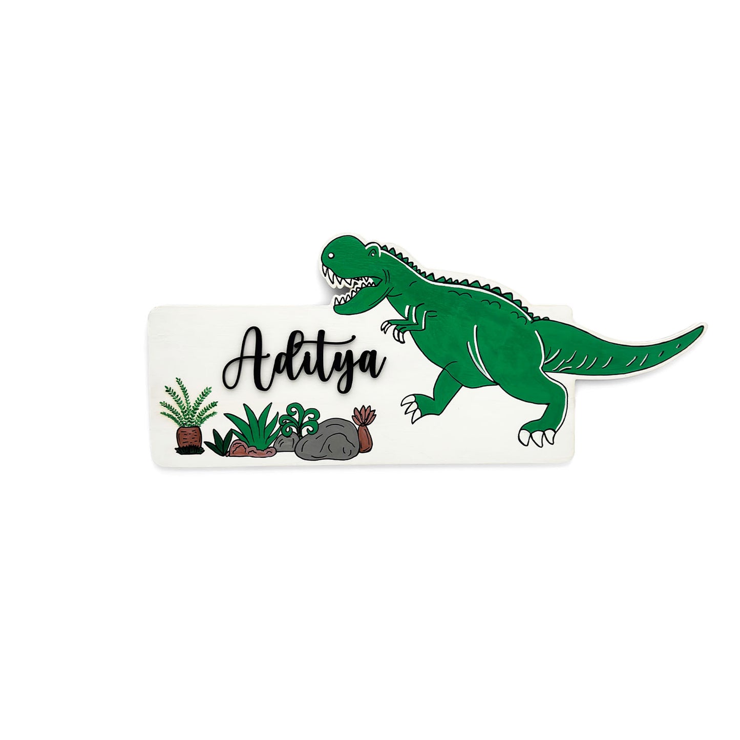 Dinosaur Themed Hand-Painted Wooden Kids Name Plate - White