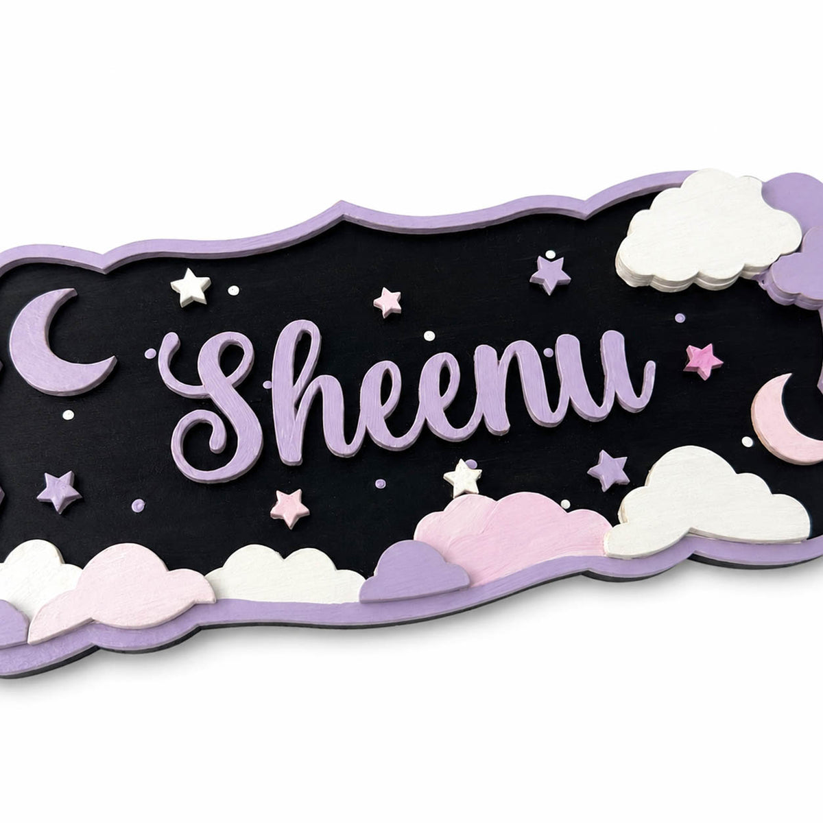 Moon, Clouds & Stars Themed Hand-Painted Wooden Kids Name Plate - Design 1