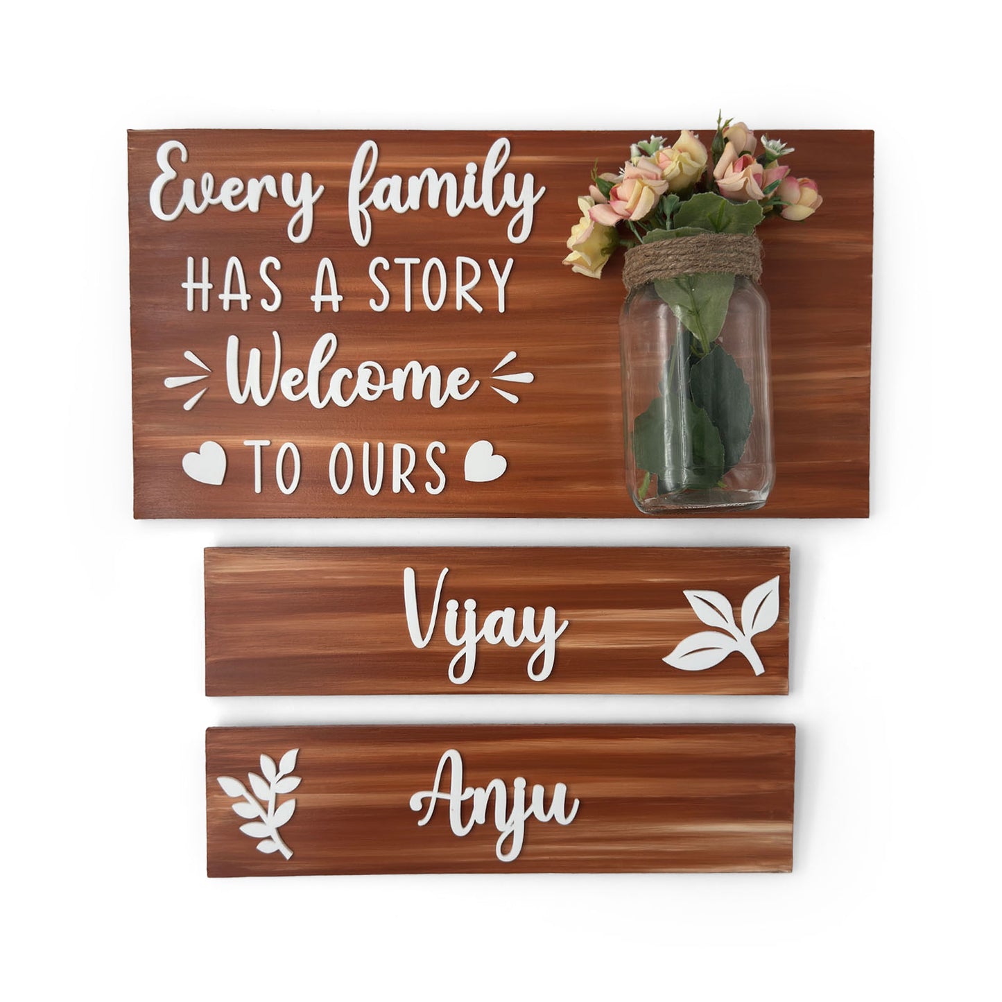 Every Family Has A Story Welcome To Ours Hand-Painted Wooden Name Plate With Jar For Home - Jar Board & Two Planks