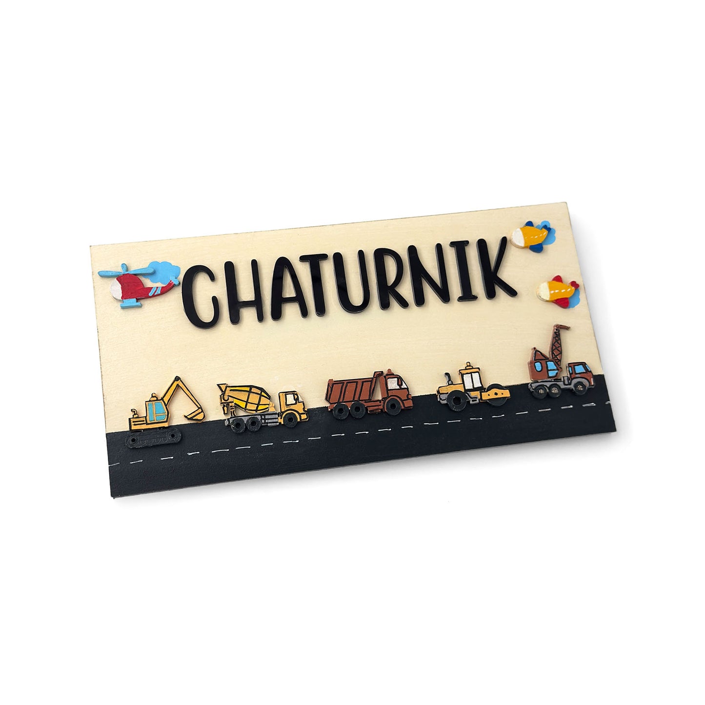 Construction Vehicles Themed Hand-Painted Wooden Kids Name Plate - Design 2
