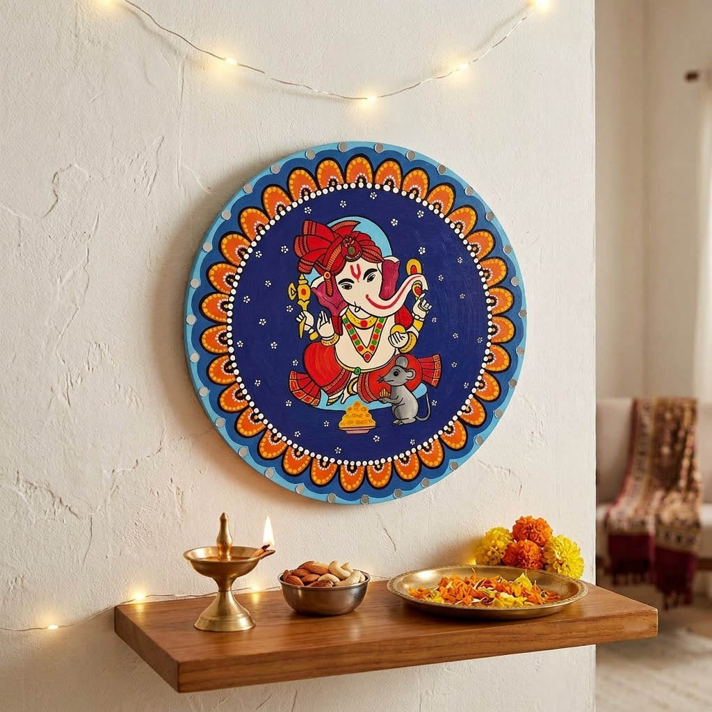 Ganesha Hand-Painted Wooden Mandala Wall Hanging  - Blue