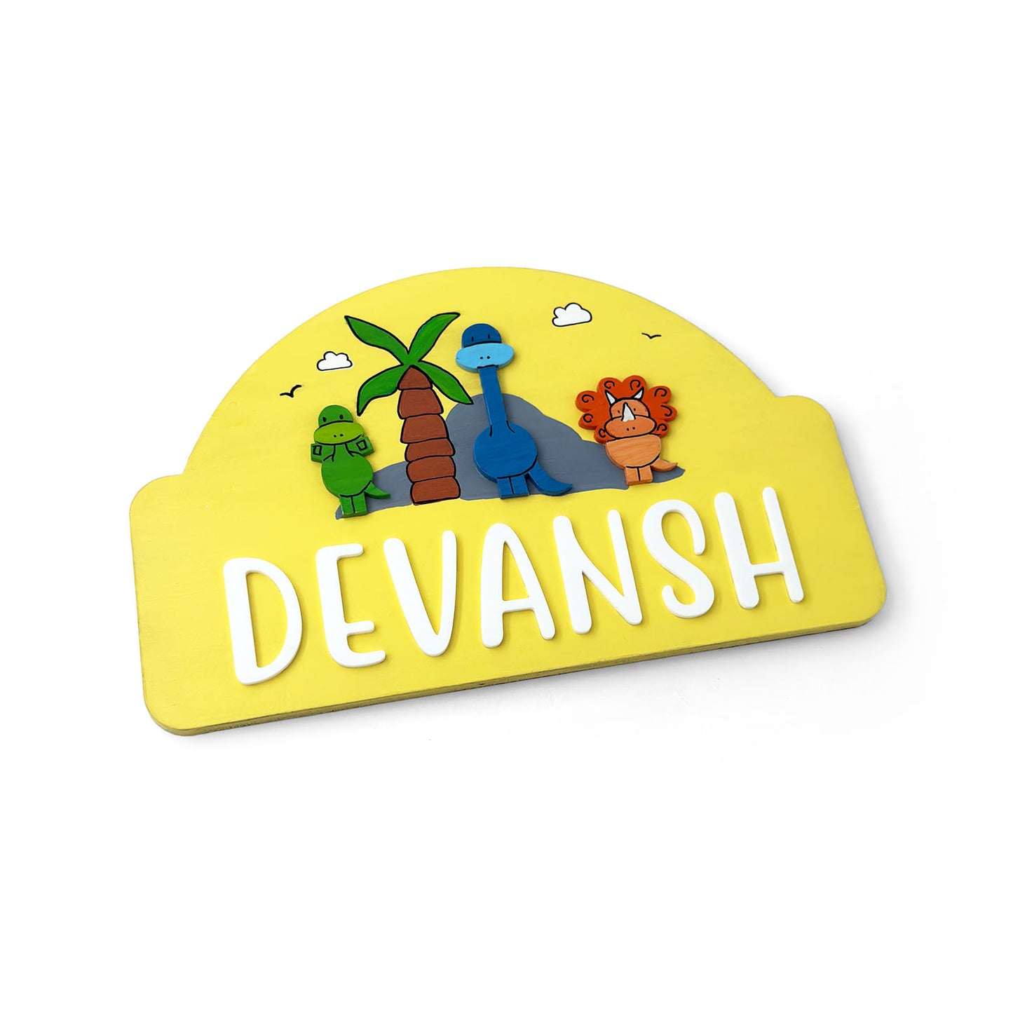 Dinosaur Themed Hand-Painted Wooden Arch-Shaped Kids Name Plate