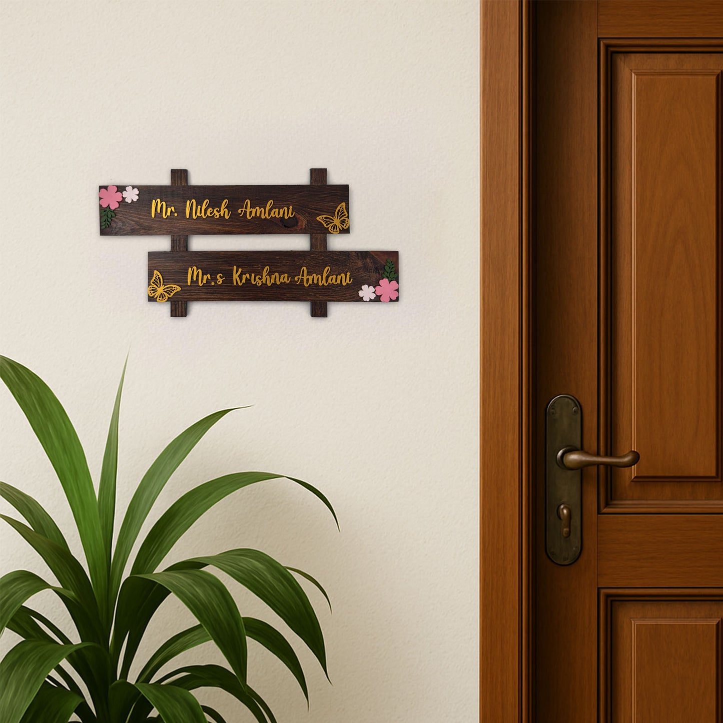 Butterfly & Flower Themed Hand-Painted Wooden Two Plank Name Plate For Home - Wooden Finish