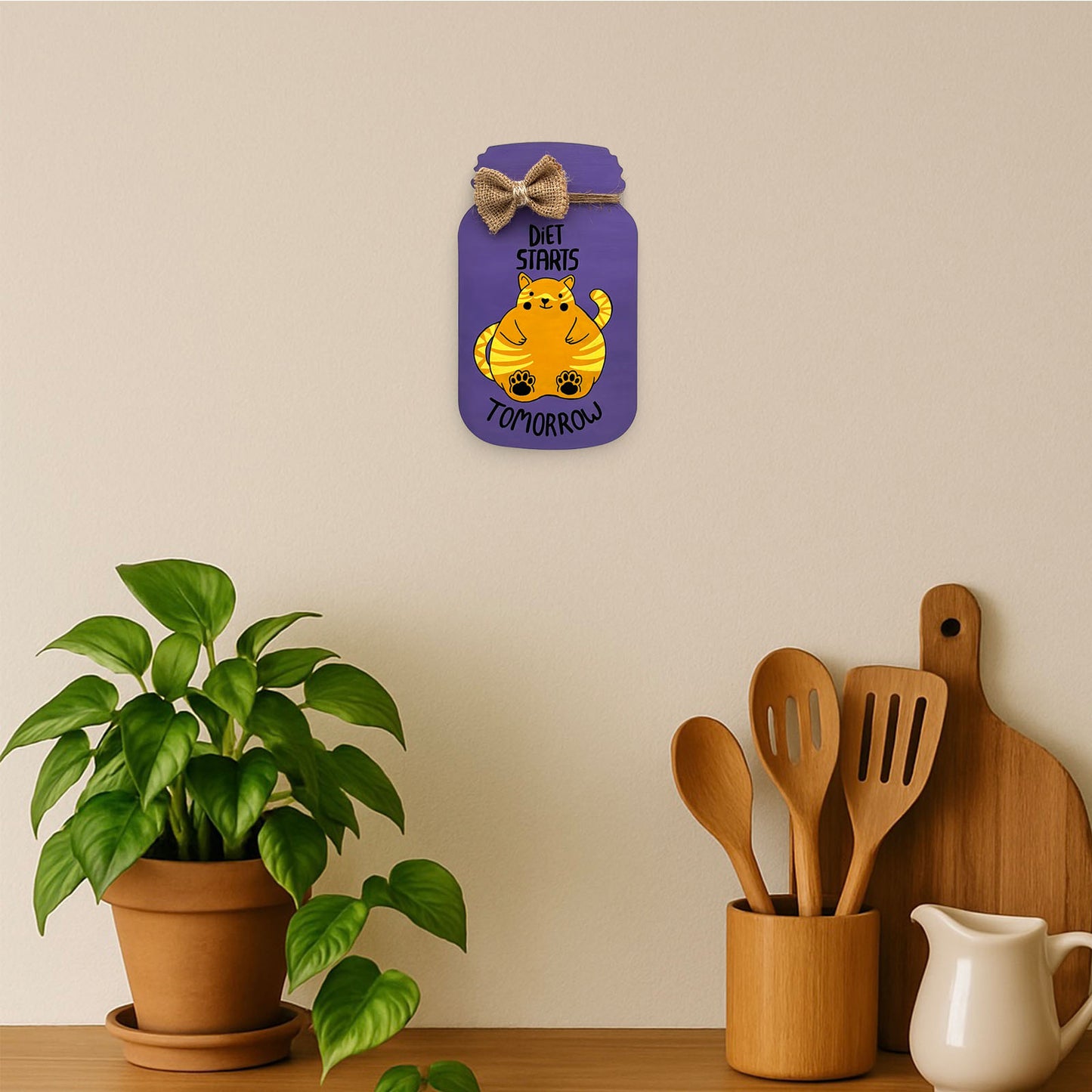 Diet Starts Tomorrow Hand-Painted Wooden Jar Kitchen Wall Hanging - Purple