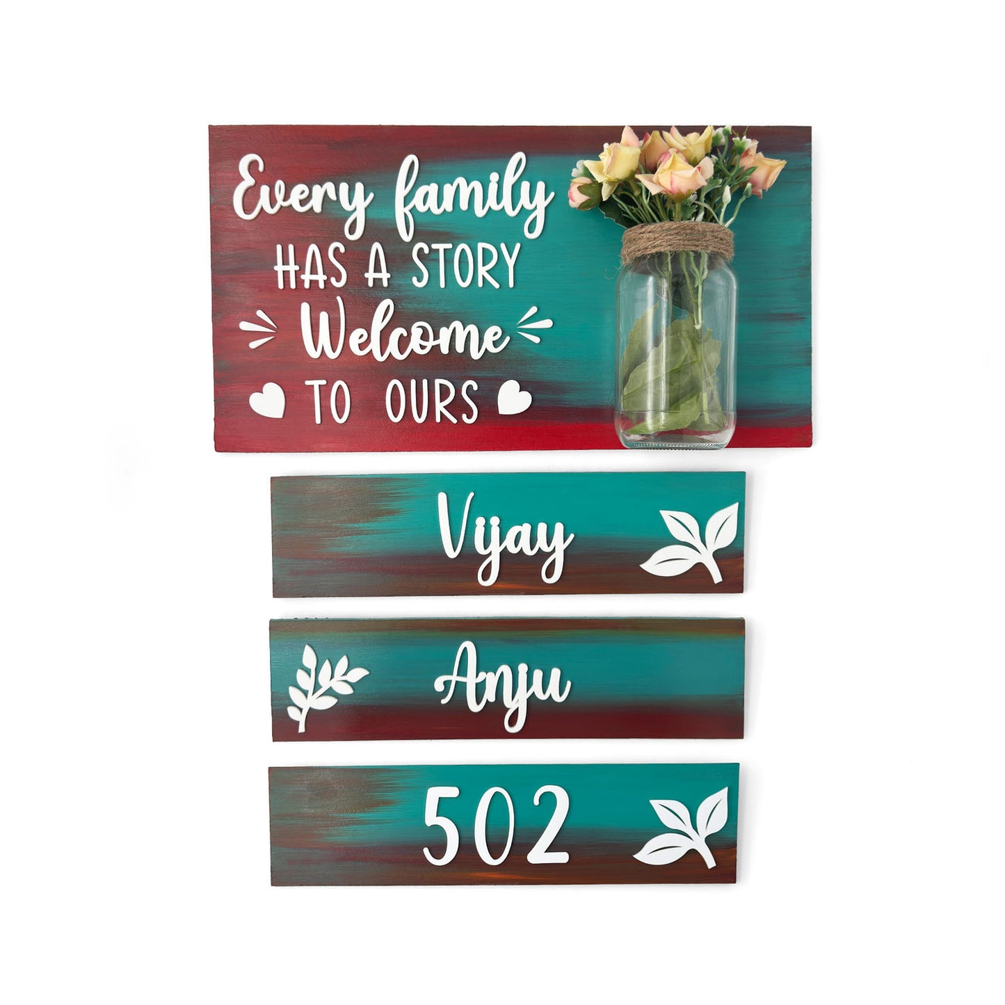 Every Family Has A Story Welcome To Ours Hand-Painted Wooden Name Plate With Jar For Home - Jar Board & Three Planks