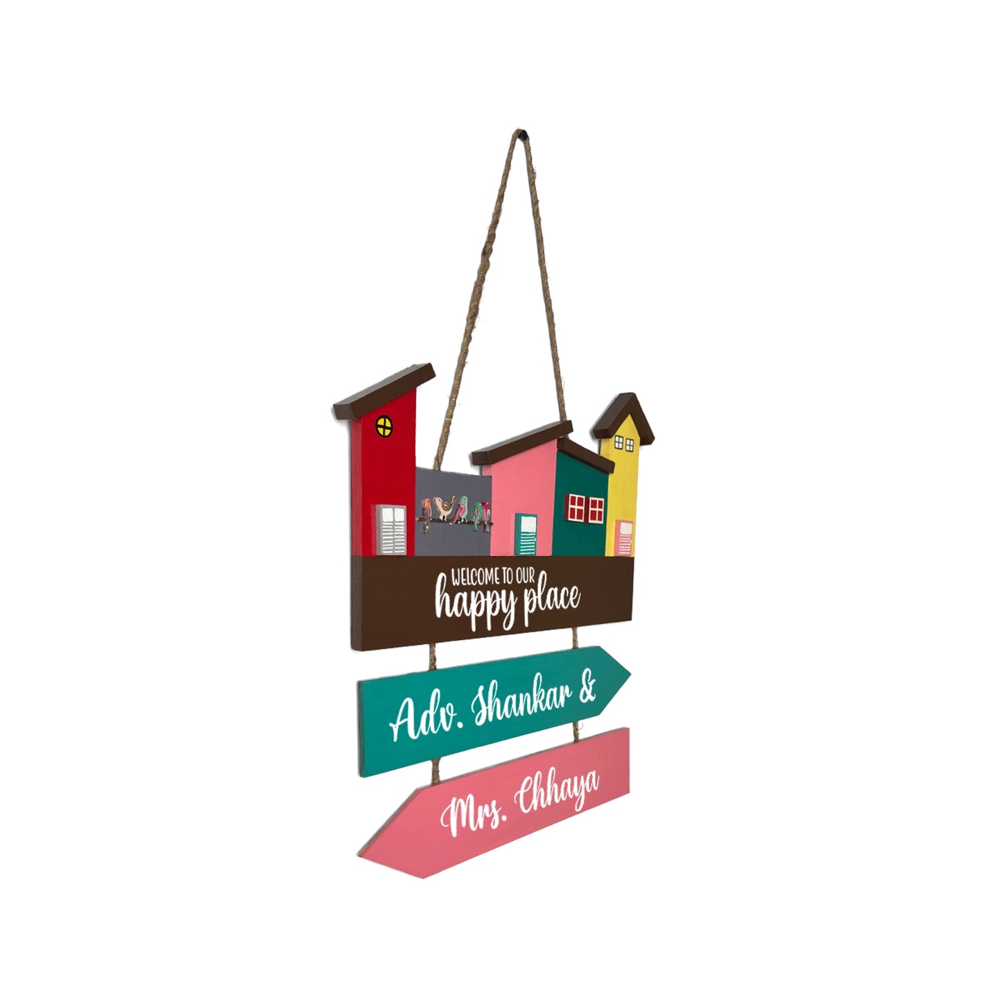 Hut-Shaped Hand-Painted Wooden Name Plate For Home - Hut Board & Two Planks Design 4