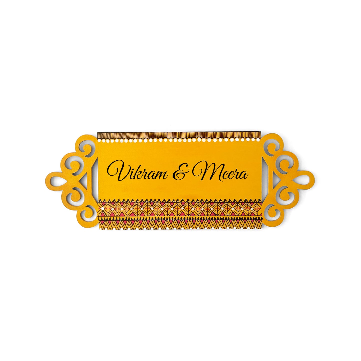 Geometric Artwork Hand-Painted Wooden Madhubani Name Plate For Home