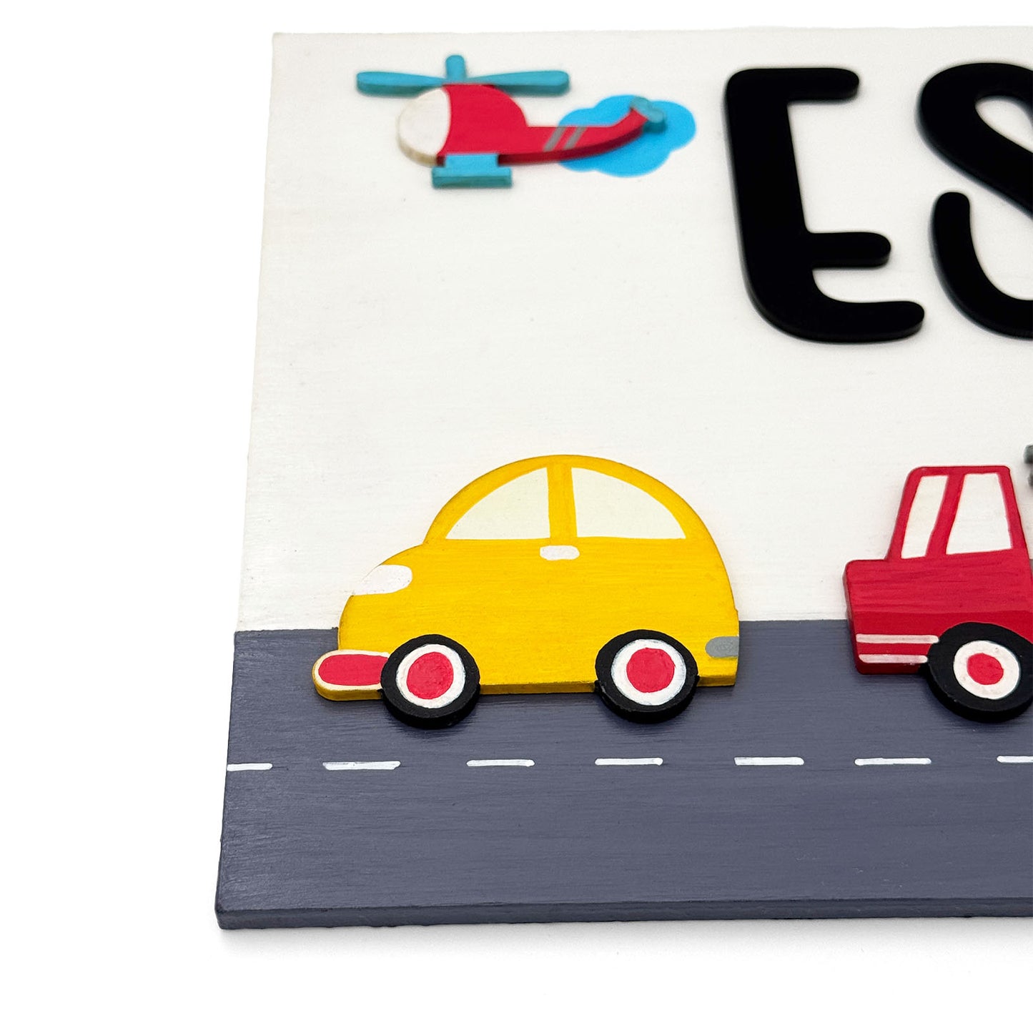 Vehicles Themed Hand-Painted Wooden Kids Name Plate - White