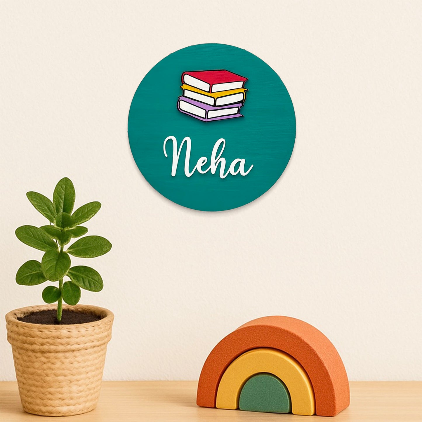 Book Themed Hand-Painted Wooden Mini Kids Name Plate