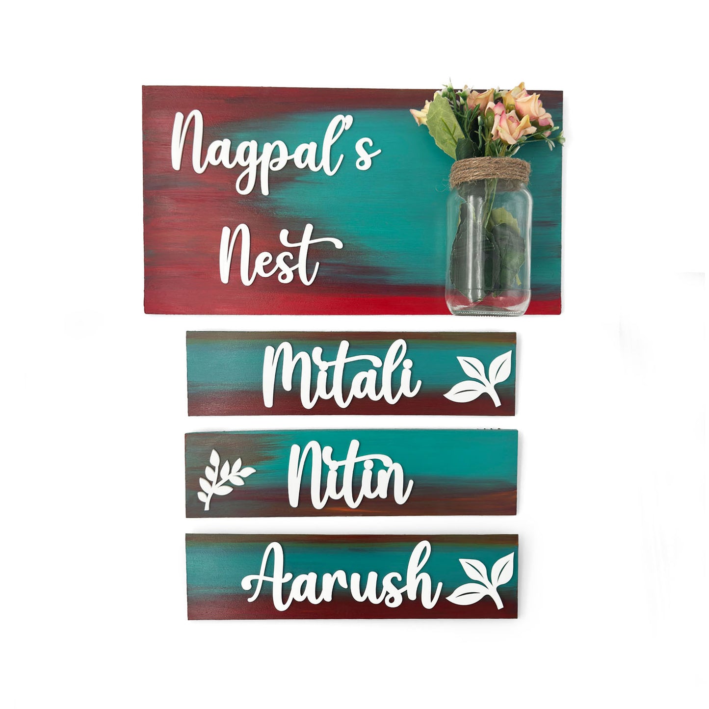 Hand-Painted Wooden Name Plate With Jar For Home - Jar Board & Three Planks