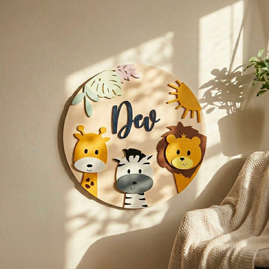 Animal Themed Hand-Painted Wooden Round Kids Name Plate - Design 1