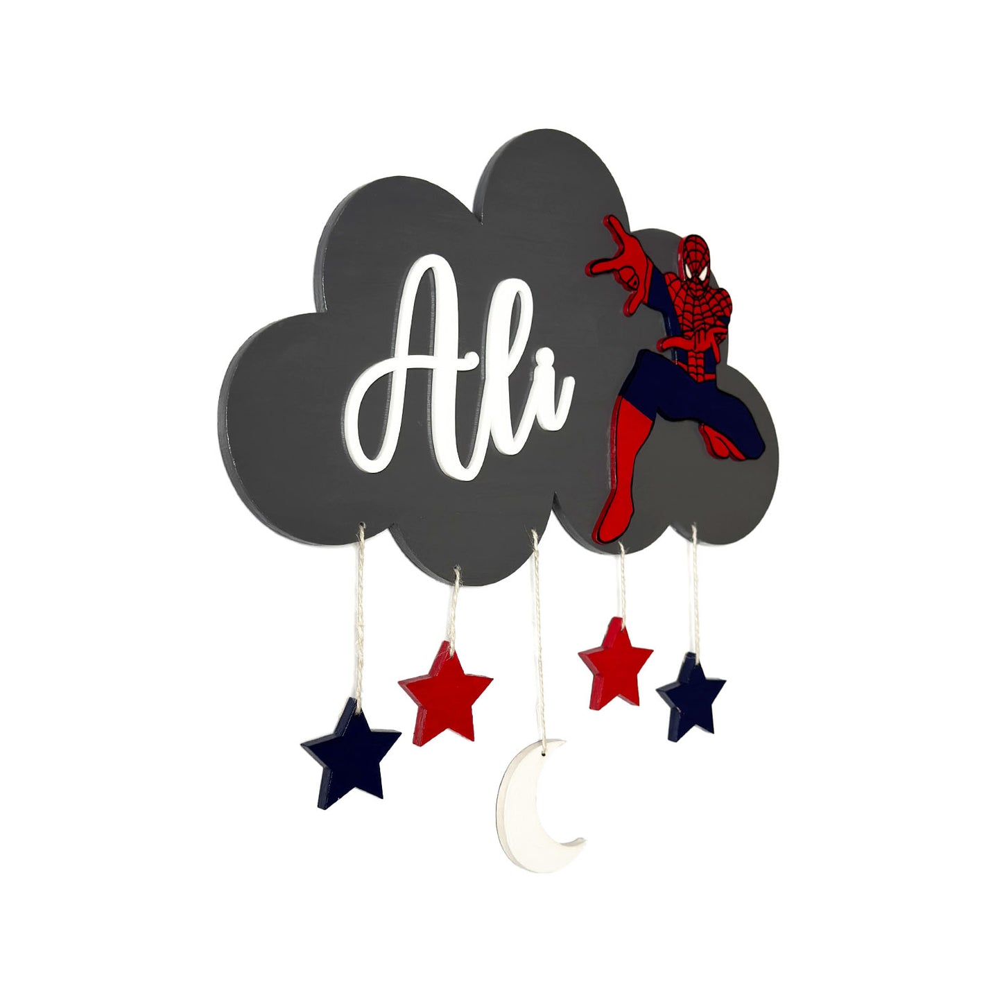 Cloud & Spiderman Themed Hand-Painted Wooden Kids Name Plate
