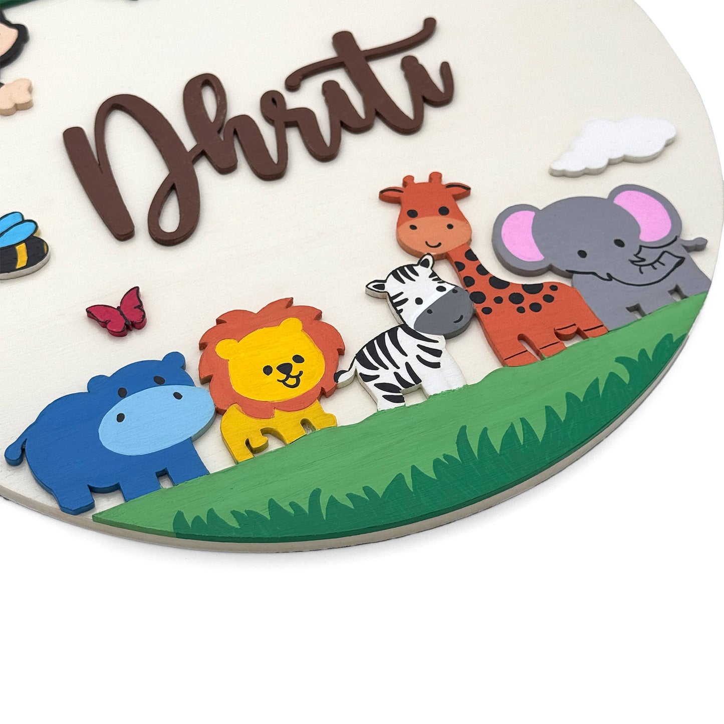 Animal Themed Hand-Painted Wooden Round Kids Name Plate - Design 4