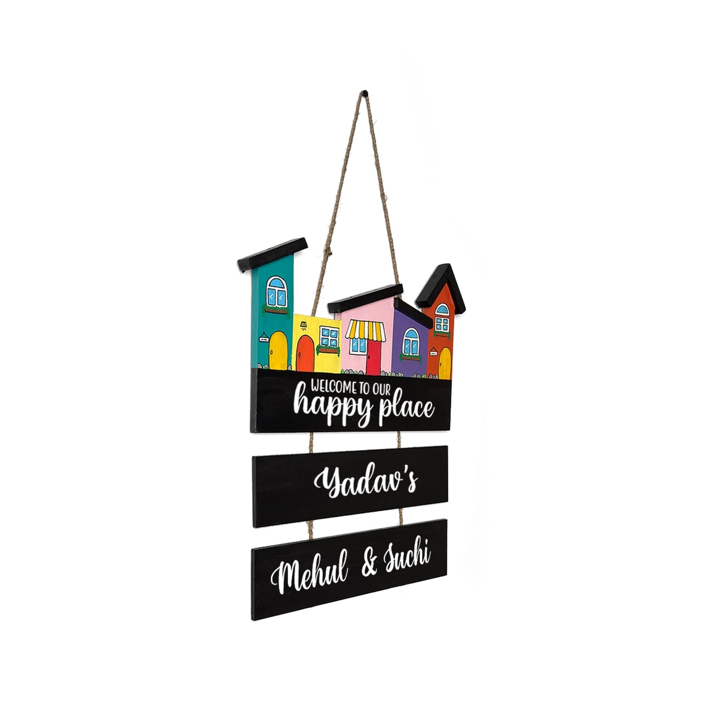 Hut-Shaped Hand-Painted Wooden Name Plate For Home - Hut Board & Two Planks Design 1