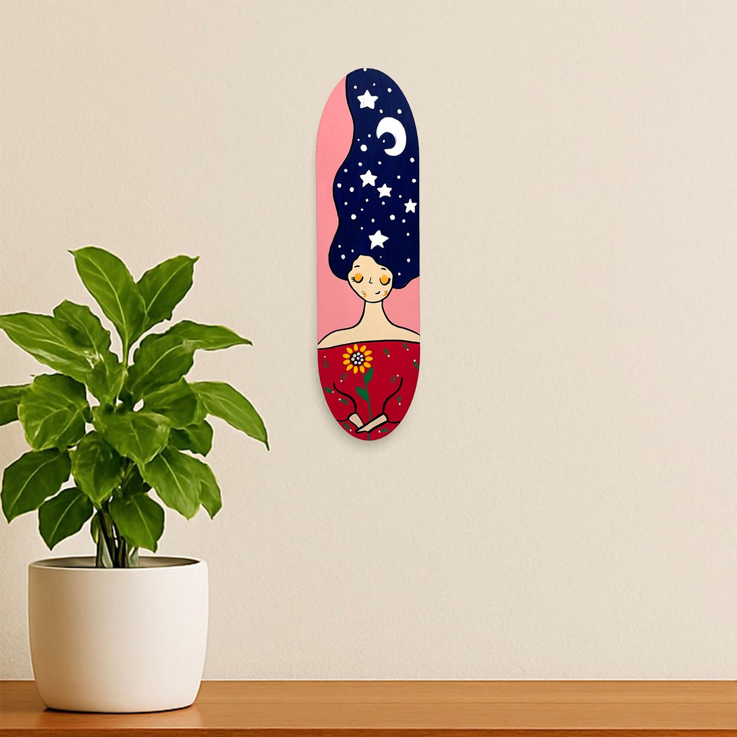 Sleeping Girl Hand-Painted Wooden Oval Wall Hanging