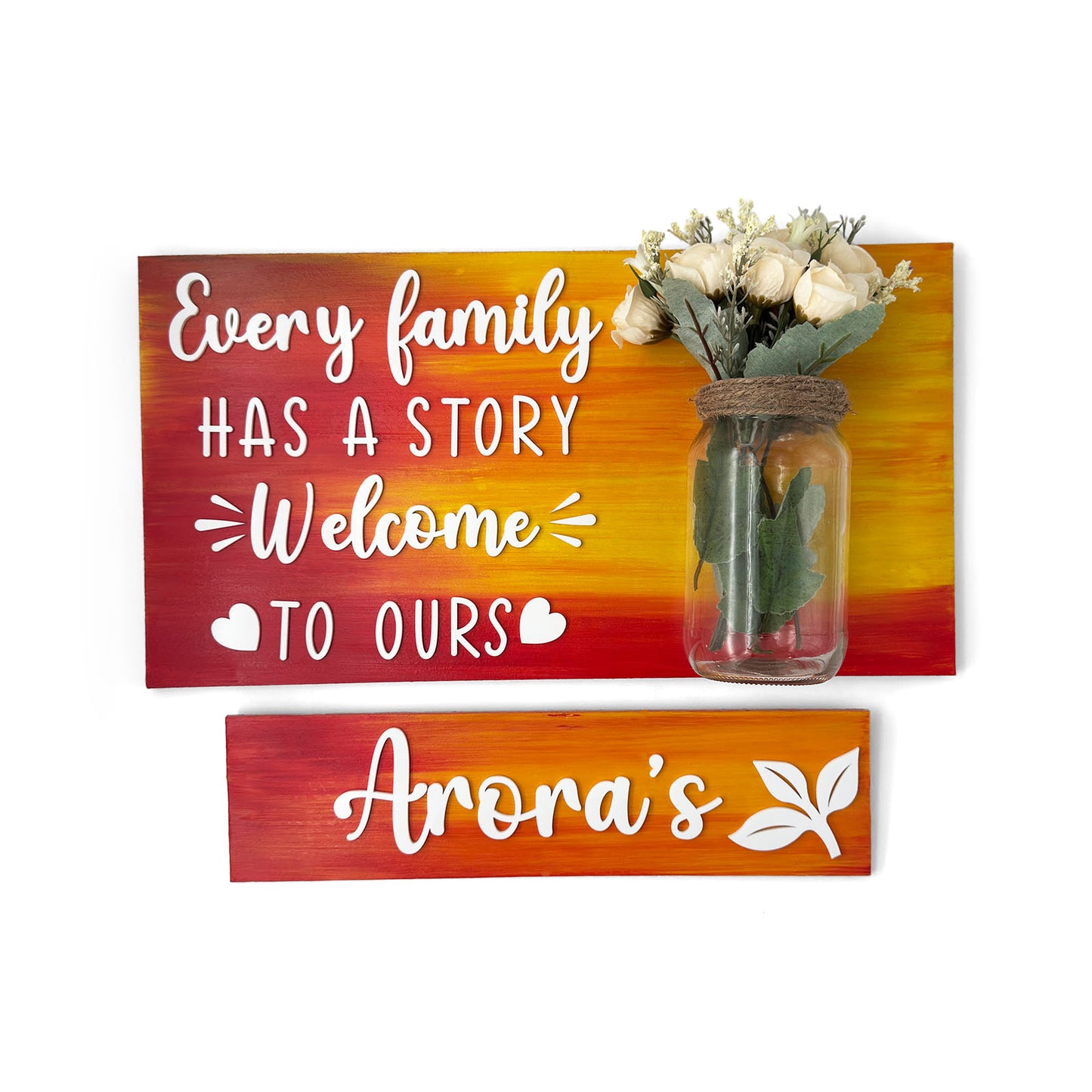 Every Family Has A Story Welcome To Ours Hand-Painted Wooden Name Plate With Jar For Home - Jar Board & One Plank