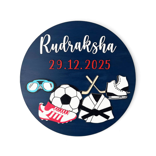 Sports Themed Hand-Painted Wooden Round Kids Name Plate - Design 1