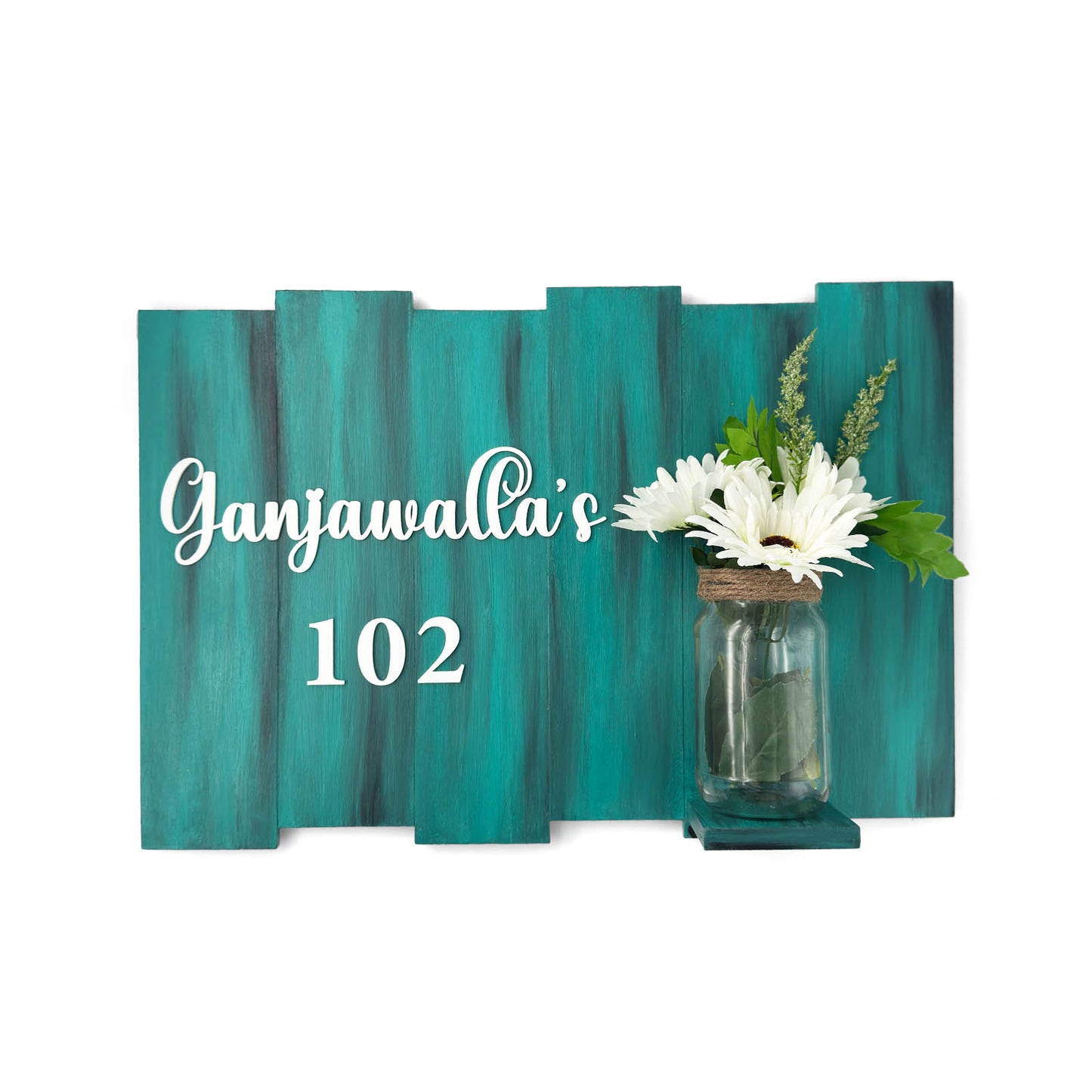 Teal Hand-Painted Wooden Name Plate With Jar For Home - Design 2